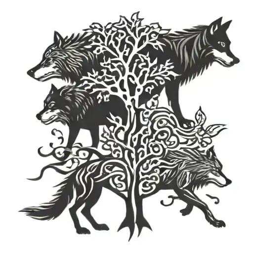 three wolf running around yggdrasil tree tattoo design idea