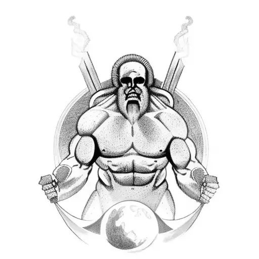 Greek titan "Atlas" holding planet eath on his shoulders. On earth there is a empty death list. tattoo design idea