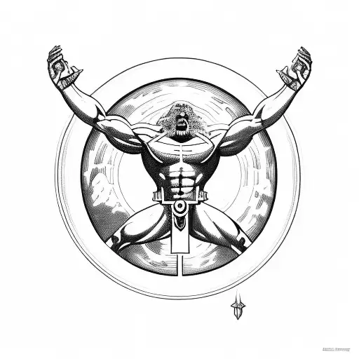 Greek titan "Atlas" holding planet eath on his shoulders. On earth there is a empty death list. tattoo design idea