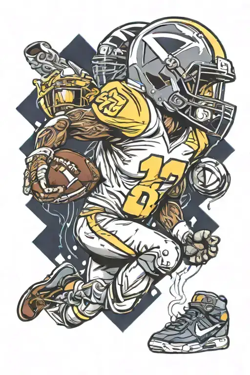 A tattoo design of a football player in action, with a Michigan Wolverines helmet and camping elements in neotraditional style tattoo design idea