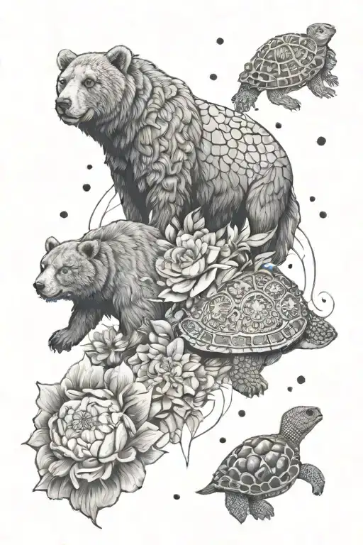 a Bear, a Lion and a turtle in a vertical arrangement with flowers tattoo design idea
