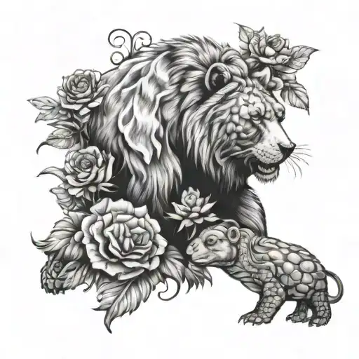 Bear, Lion and turtle in a vertical arrangement with flowers tattoo design idea