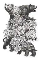 a Bear, a Lion and a turtle in a vertical arrangement with flowers tattoo design idea