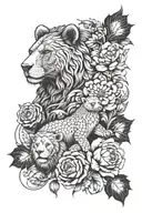 a Bear, a Lion and a turtle in a vertical arrangement with flowers tattoo design idea