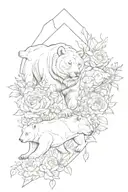 Bear, Lion and turtle in a vertical arrangement with flowers tattoo design idea