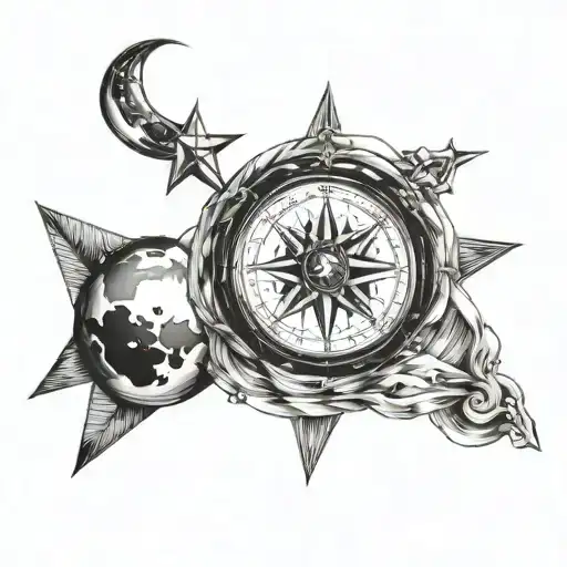 a compass, a star, and a moon tattoo design idea
