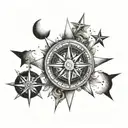 a compass, a star, and a moon tattoo design idea