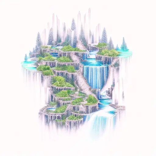 Spiritual representation of a waterfall flowing into a crystal-filled lake tattoo design idea