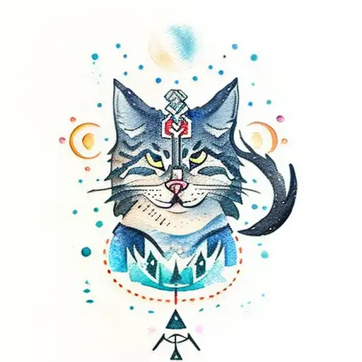 Inuit-inspired watercolor tattoo of a cat in a moonlit forest tattoo design idea