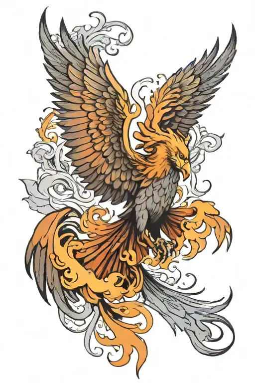 symbolic half-sleeve tattoo featuring a majestic phoenix rising from the ashes,  with full face visible , and 2 wings tattoo design idea