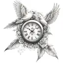 dove with clock and names with a lion surrounding   tattoo design idea