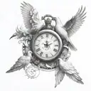 dove with clock and names with a lion surrounding   tattoo design idea