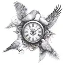 dove with clock and names with a lion surrounding   tattoo design idea