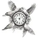 dove with clock and names with a lion surrounding   tattoo design idea