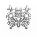 Create a tattoo featuring a strong figure lifting weights, intertwined with mechanical car parts to represent your passion for powerlifting and car mechanics tattoo design idea