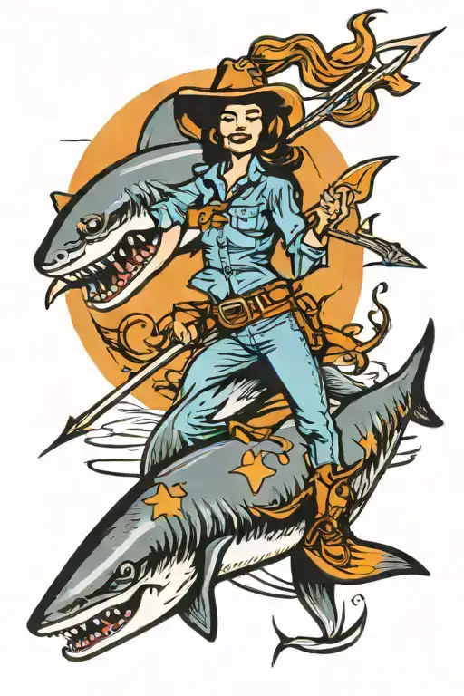 cowgirl holding a trident riding a shark jumping tattoo design idea