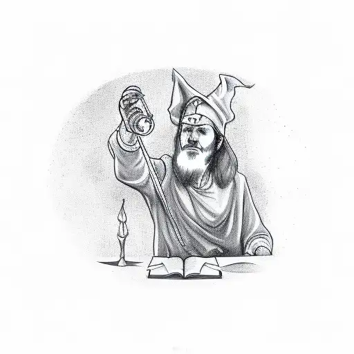 A sketch of a wizard casting spells with musical symbols as the magic tattoo design idea