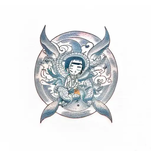 A dotwork tattoo of Chihiro and Haku from Spirited Away flying on the back of a giant dragon tattoo design idea