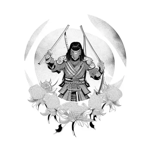 An intricate blackwork tattoo of a samurai standing in a field of spider lilies, with the moon shining behind him tattoo design idea