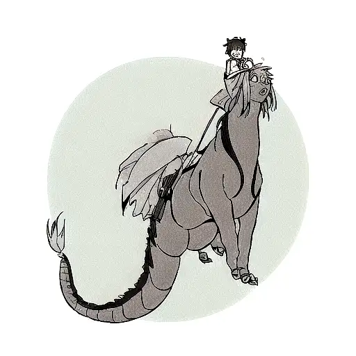 A dotwork tattoo of Chihiro and Haku from Spirited Away flying on the back of a giant dragon tattoo design idea