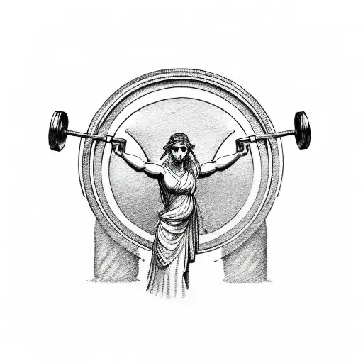 A Greek god or goddess holding a barbell with the Parthenon in the background tattoo design idea
