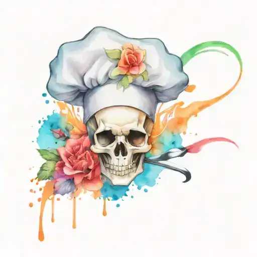 stich with chef hat adorned skull surrounded my music tattoo design idea