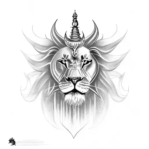 Tattoo design drawing combining a vintage Royal Enfild bike, God shiva's trident, a fierce looking lion, a piston tattoo design idea