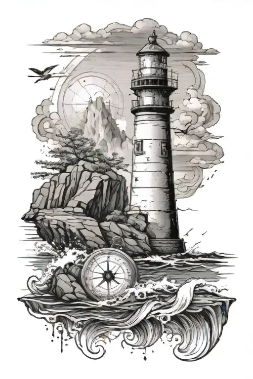 Lighthouse on a rock with waves. Compass with coordinates tattoo design idea