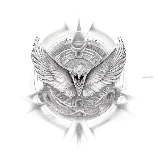 un dios musculoso con alas y cuernos tattoo design idea