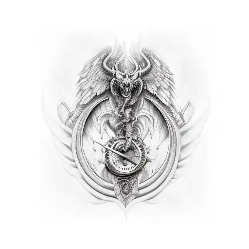 cuerpo de un hombre musculoso con alas y cuernos y espada tattoo design idea