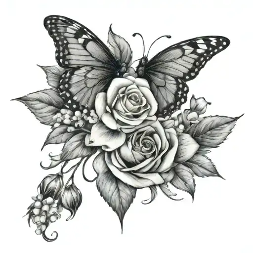 Lilly of the valley with rose intertwined with a butterfly and ladybug  tattoo design idea