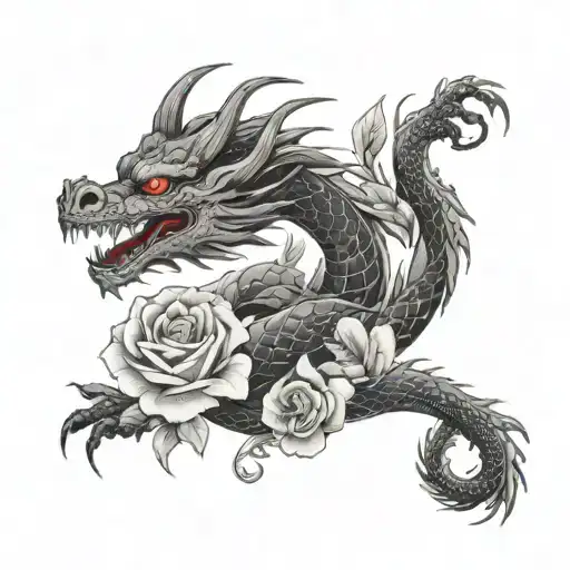 A dragon tattoo with Japanese kanji characters intertwined with roses tattoo design idea