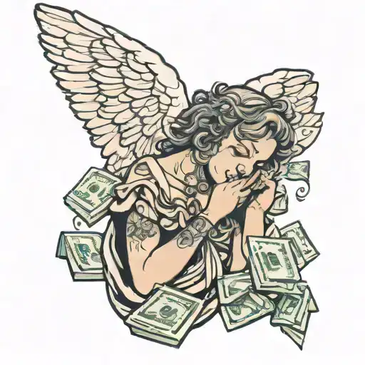 crying angel holding money tattoo design idea