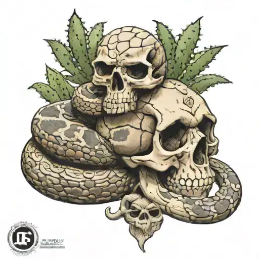 rattlesnake around a skull with a G59 logo and crown on it, with a large cactus in the background with shadow tattoo design idea
