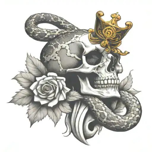 rattlesnake around a skull with a G59 logo and crown on it with a butterfly tattoo design idea