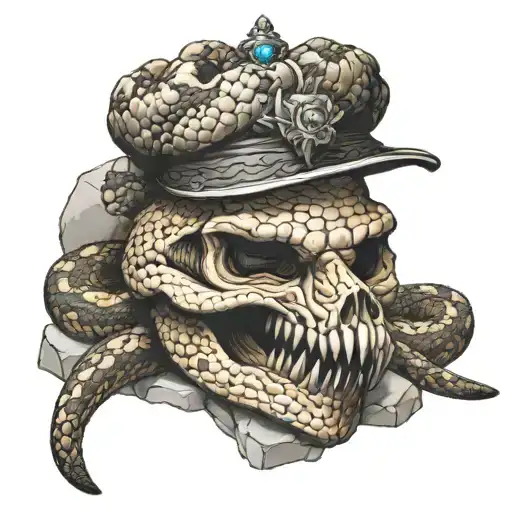diamondback rattlesnake surrounding a rock with a crown on its head with a skull  tattoo design idea