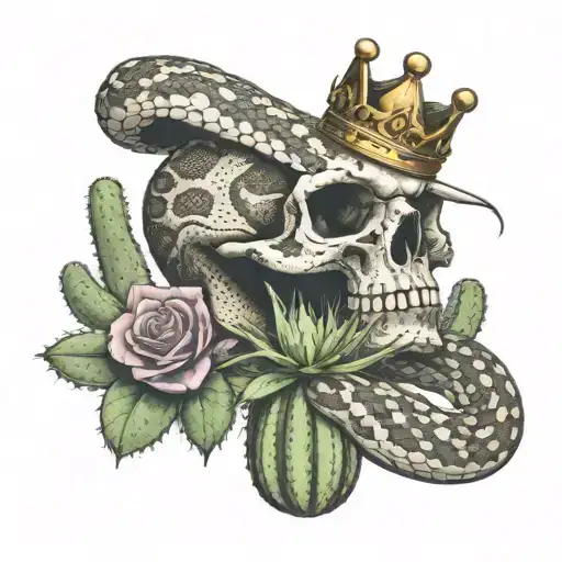 rattlesnake around a skull with a G59 logo and crown on it, with a saguaro   cactus in the background with shadow tattoo design idea