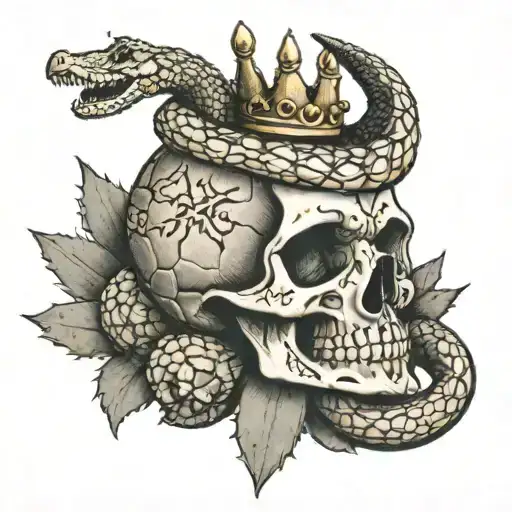 rattlesnake around a skull with a G59 logo and crown on it, with a large cactus in the background with shadow tattoo design idea