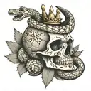 rattlesnake around a skull with a G59 logo and crown on it, with a large cactus in the background with shadow tattoo design idea