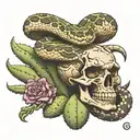 rattlesnake around a skull with a G59 logo and crown on it, with a large cactus in the background with shadow tattoo design idea