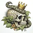 rattlesnake around a skull with a G59 logo and crown on it, with a large cactus in the background with shadow tattoo design idea