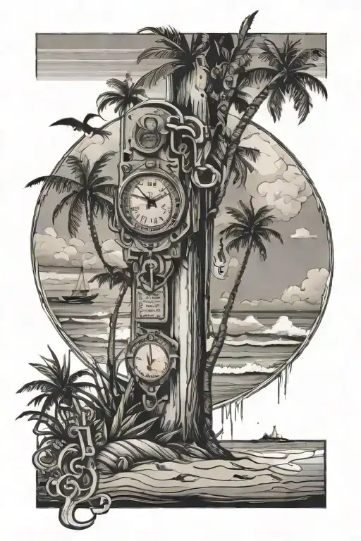 Beach scene with they keys area code surrounded tattoo design idea