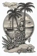 Beach scene with they keys area code surrounded tattoo design idea