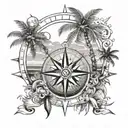 Beach with palm trees and compass rose tattoo design idea