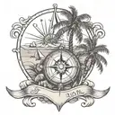 Beach with palm trees and compass rose tattoo design idea
