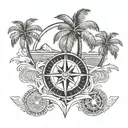 Beach with palm trees and compass rose tattoo design idea