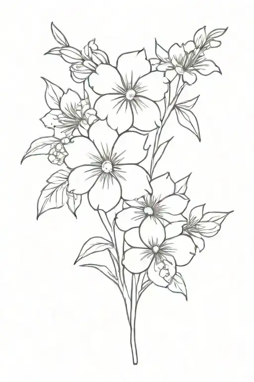 primrose, violet, larkspur flower bouquet fine line tattoo design idea