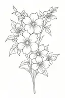 primrose, violet, larkspur flower bouquet fine line tattoo design idea