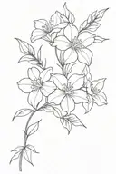 primrose, violet, larkspur flower bouquet fine line tattoo design idea