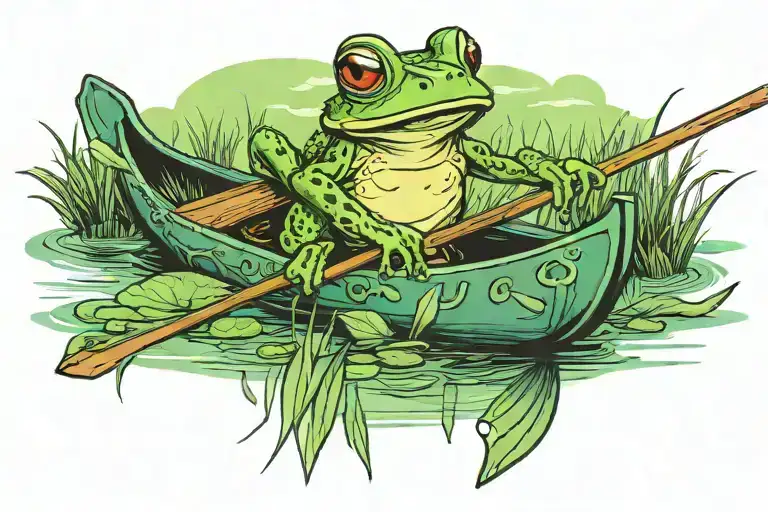 frog paddling a canoe in a marsh scenery tattoo design idea